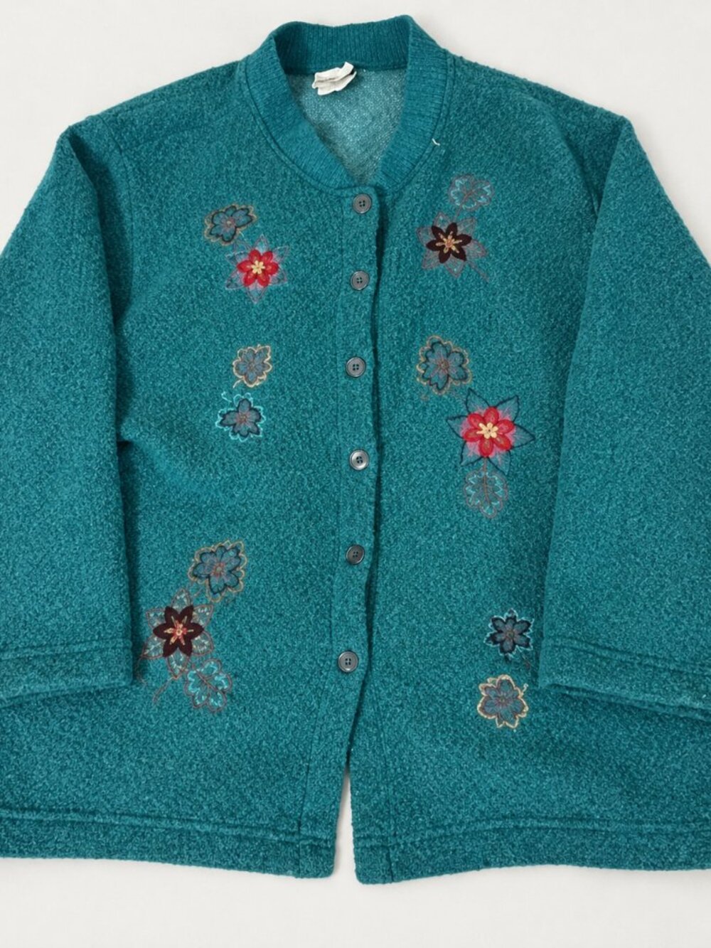 BonWorth XL Petite Teal Floral Embroidered Cardigan Grandmacore Cottagecore